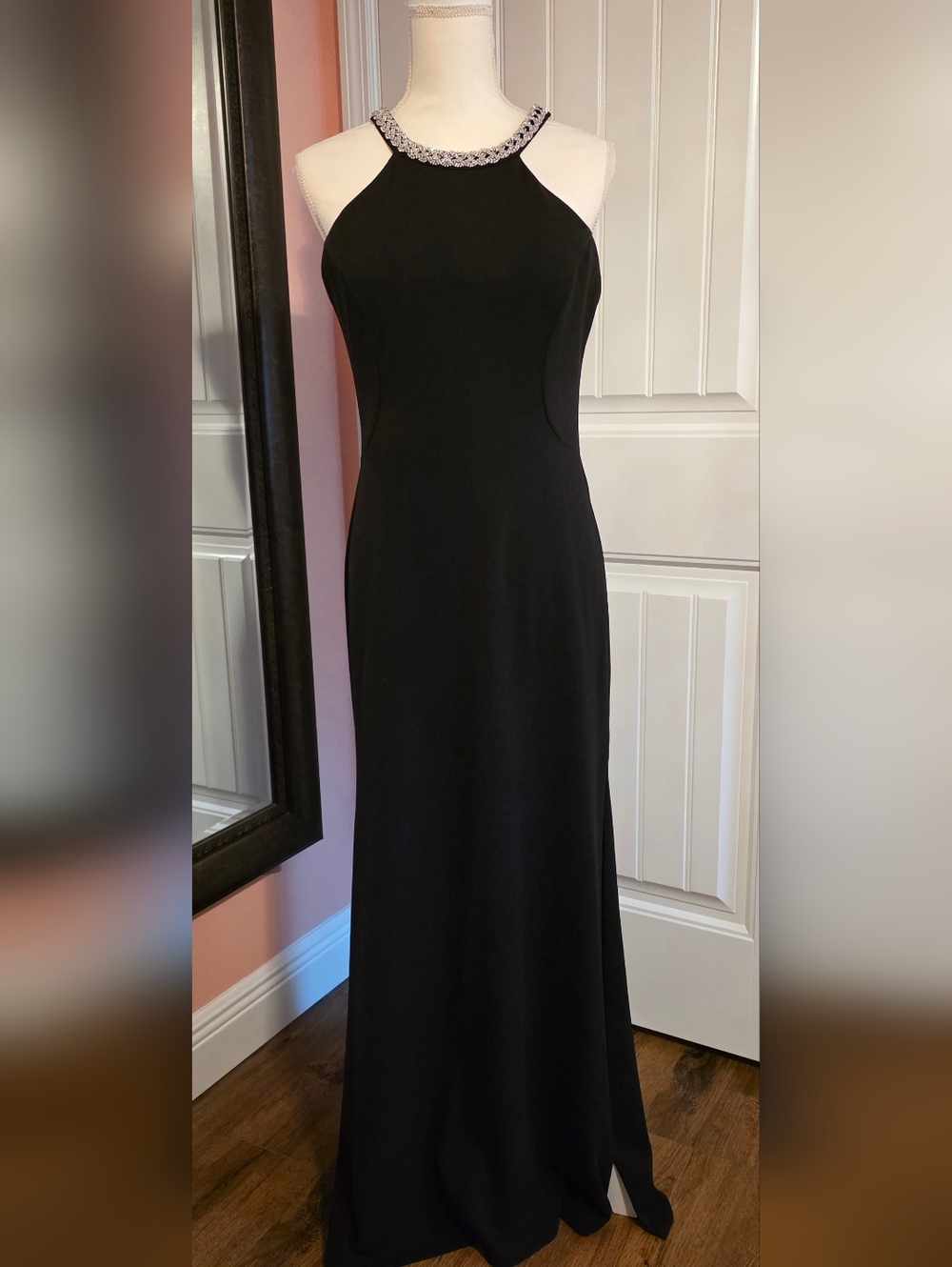 Embellished Halter Black Maxi Dress